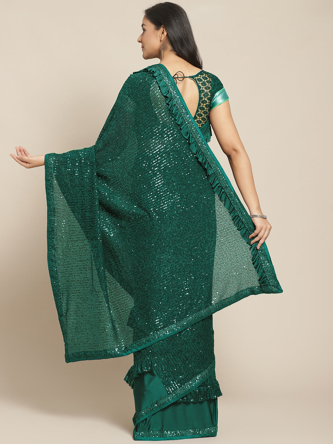 Deep Green Bling Lycra Ruffled Saree with Festive Layering & Sequence Sheet Embroidery