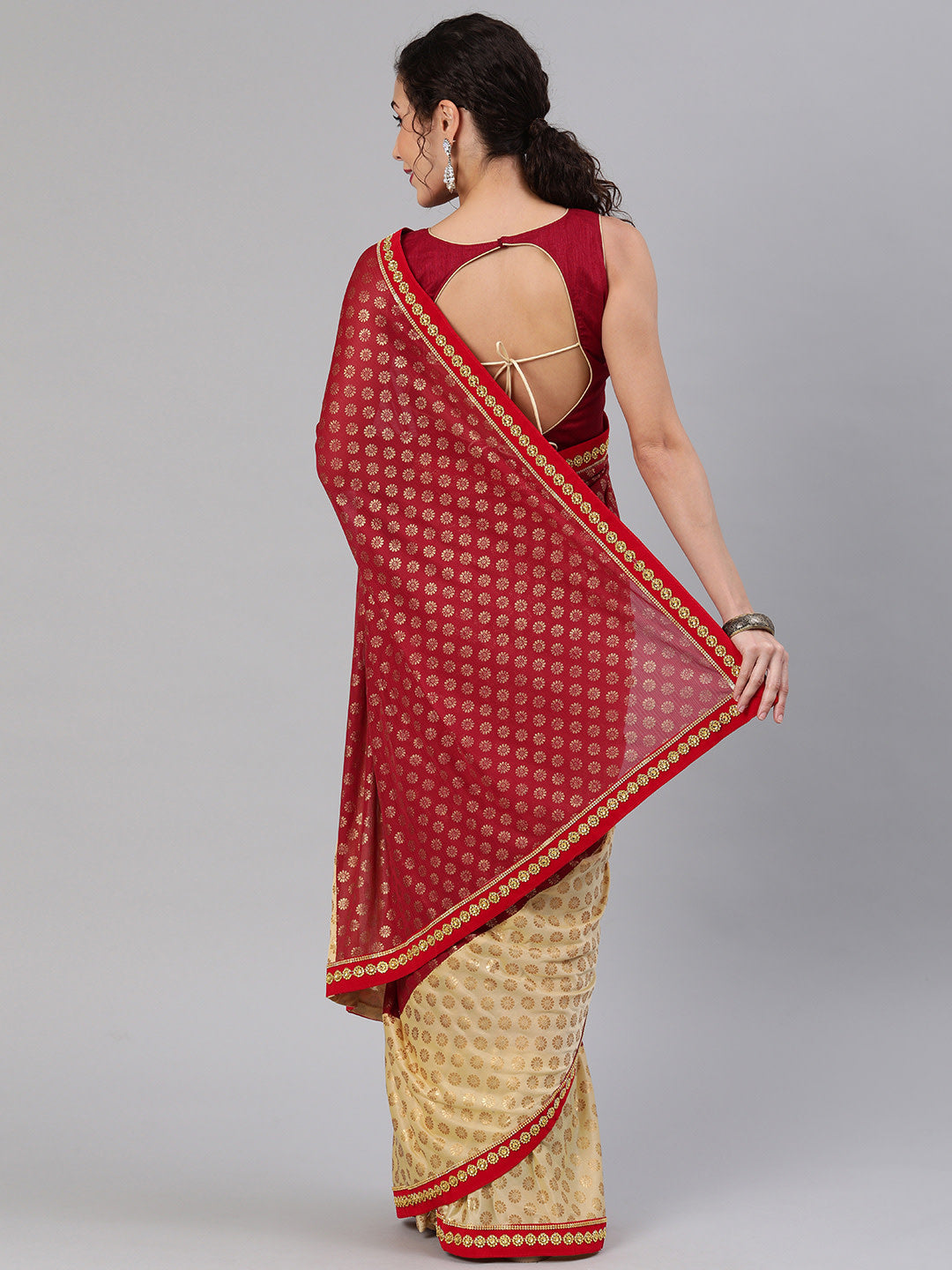 Gold Red Lycra Embellished Saree with Attached Belt and Gold Zari Flower Motifs
