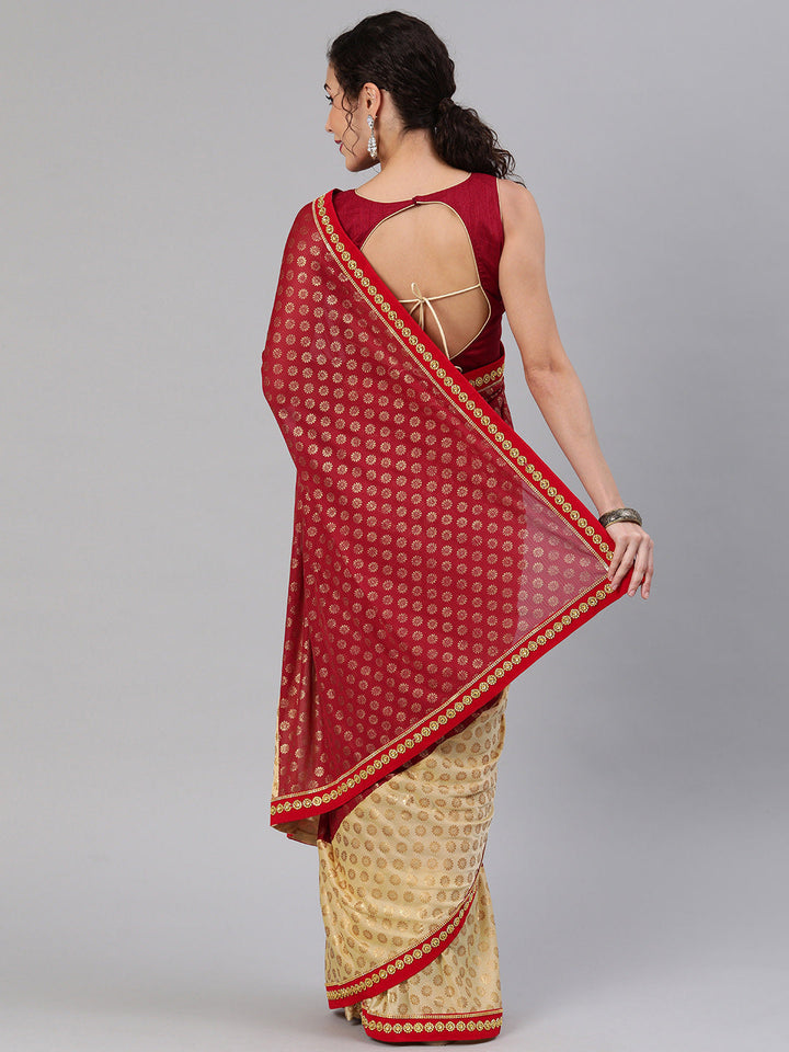 Gold Red Lycra Embellished Saree with Attached Belt and Gold Zari Flower Motifs