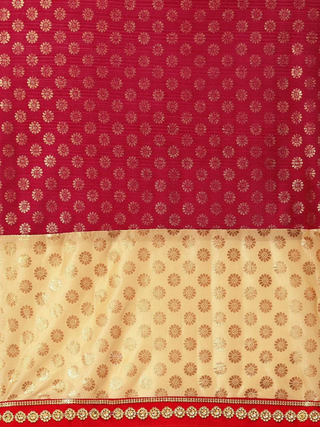 Gold Red Lycra Embellished Saree with Attached Belt and Gold Zari Flower Motifs