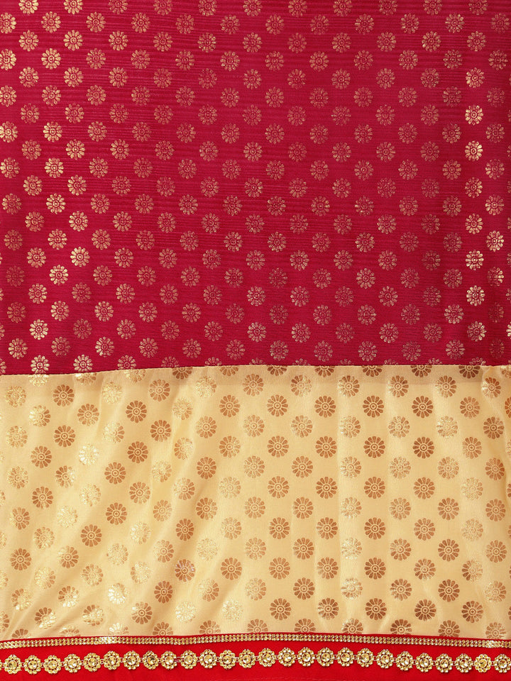Gold Red Lycra Embellished Saree with Attached Belt and Gold Zari Flower Motifs