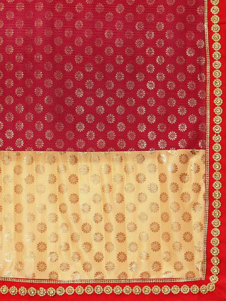 Gold Red Lycra Embellished Saree with Attached Belt and Gold Zari Flower Motifs