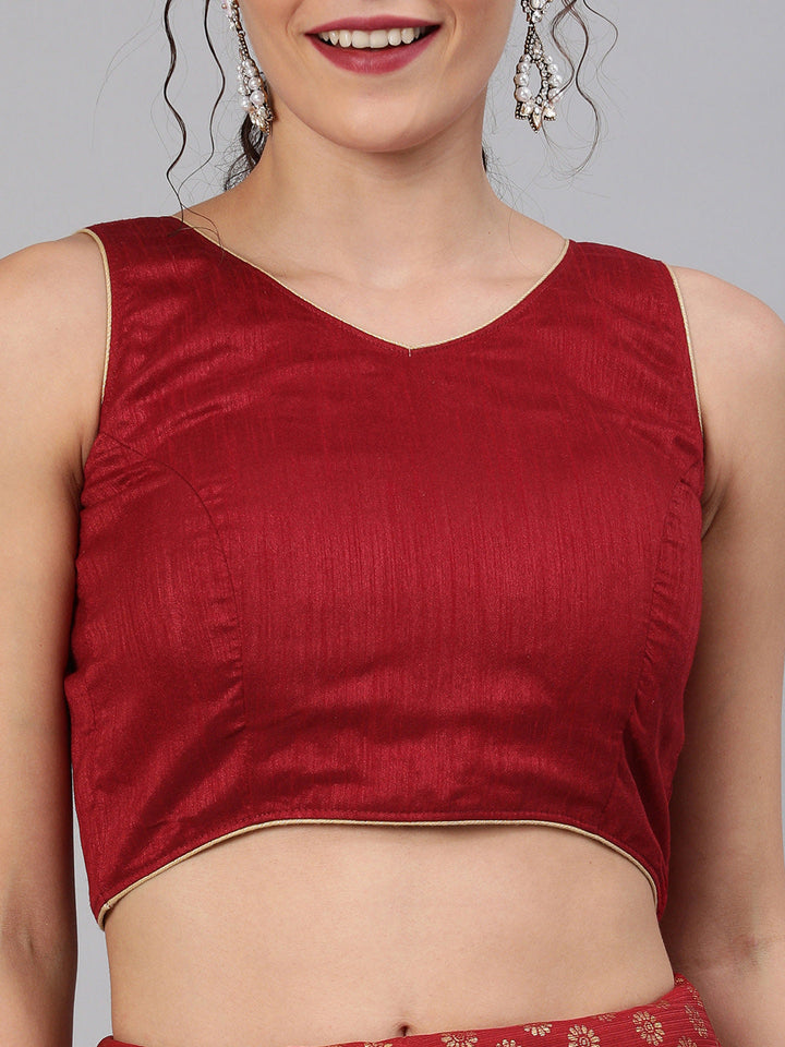 Gold Red Lycra Embellished Saree with Attached Belt and Gold Zari Flower Motifs