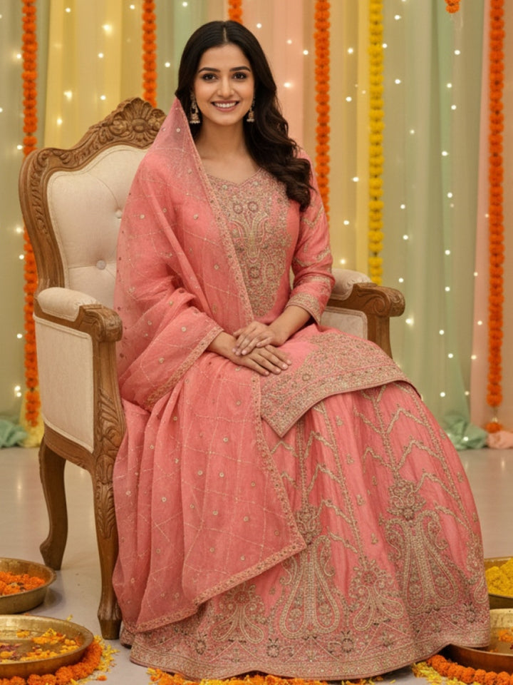 Sequinned Kurta Gharara Set with Zardozi Embroidered Kalis, Paisleys & Scalloped Dupatta