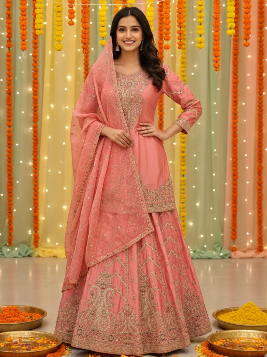 Sequinned Kurta Gharara Set with Zardozi Embroidered Kalis, Paisleys & Scalloped Dupatta
