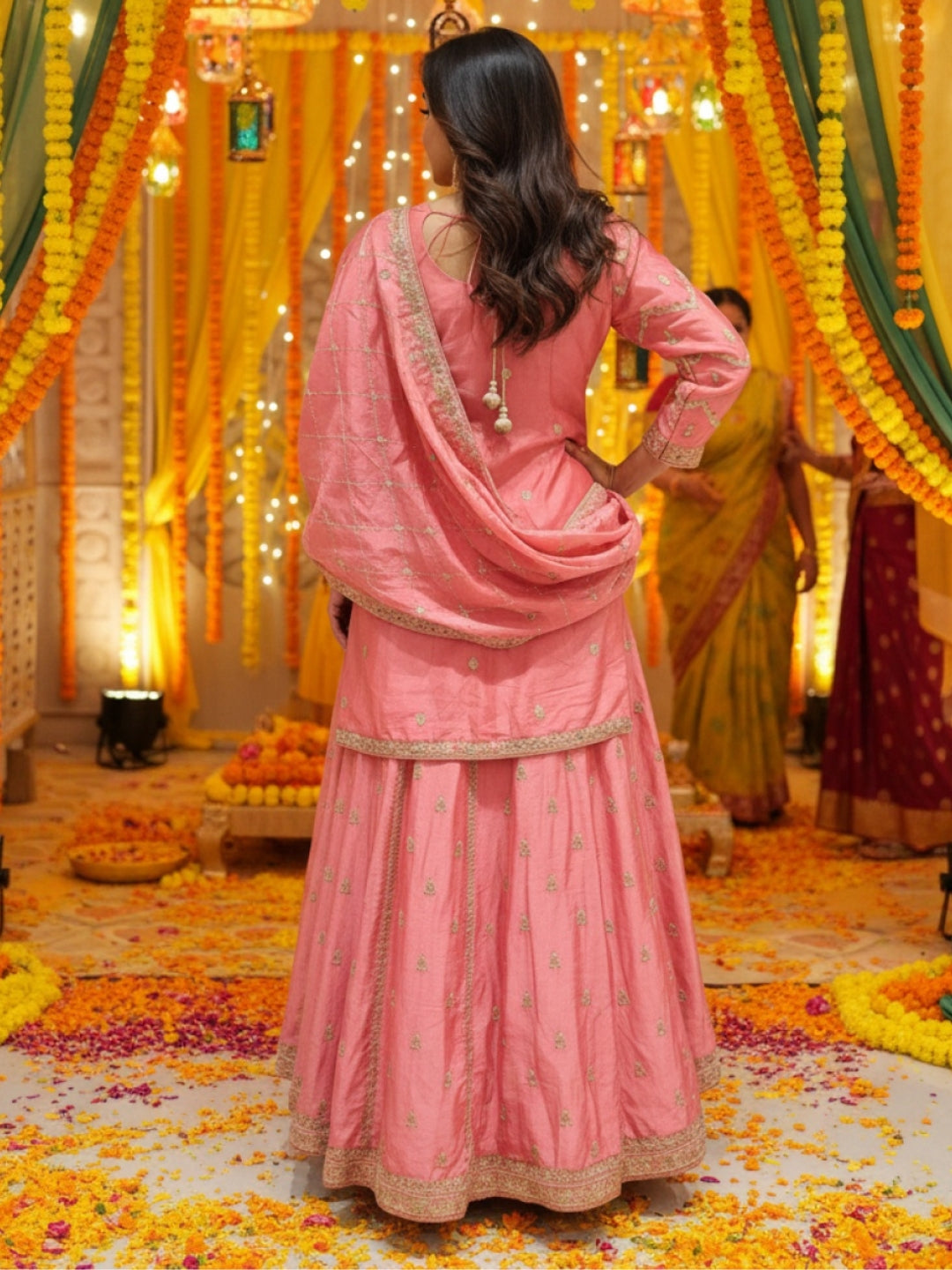 Sequinned Kurta Gharara Set with Zardozi Embroidered Kalis, Paisleys & Scalloped Dupatta