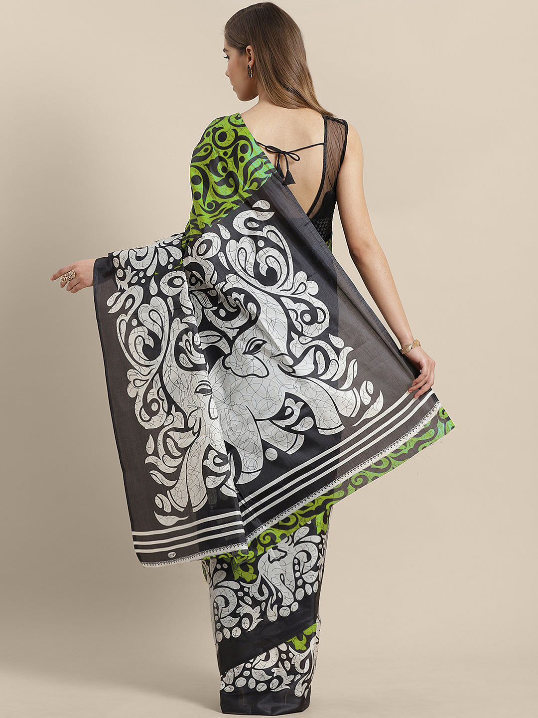 Green French Silk printed Saree with Colorblocking Digital Design