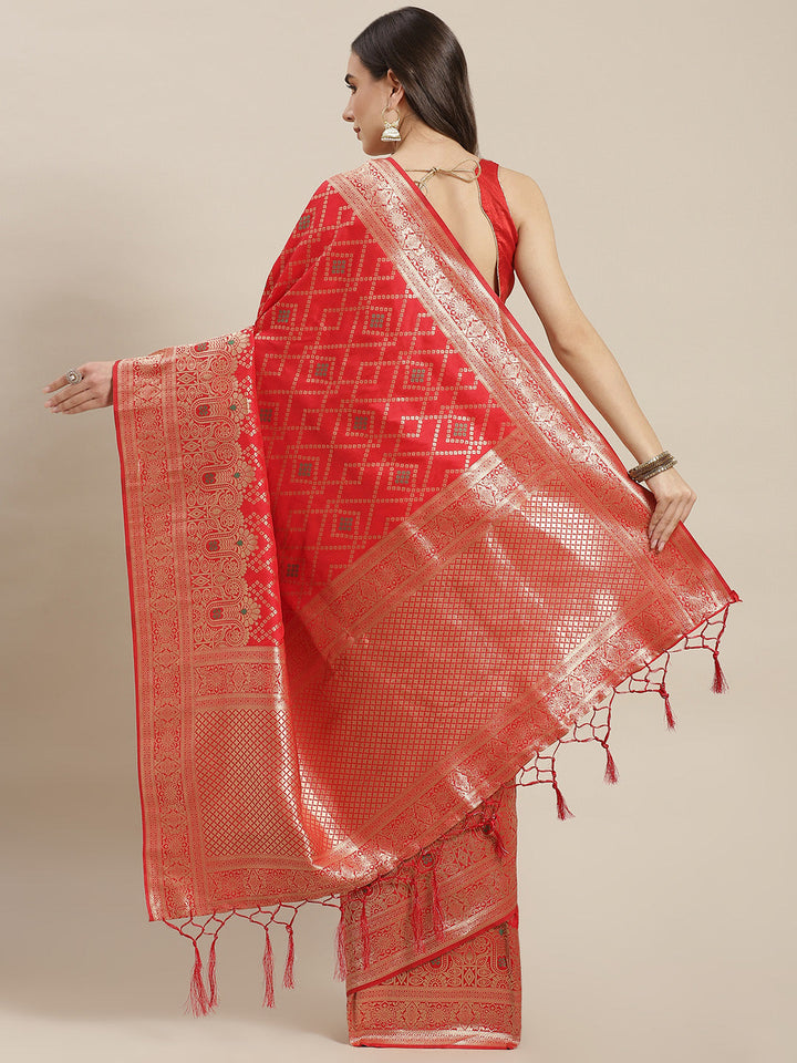 Red Ikat pattern Banarasi Saree with Resham & Zari Weaving