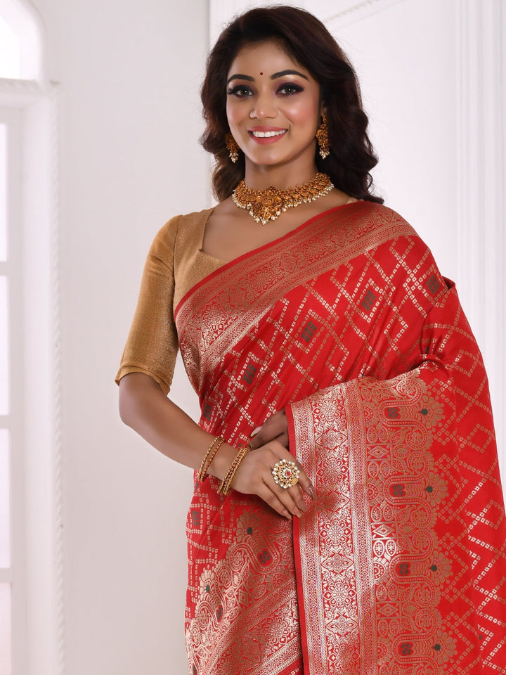 Red & Gold Toned Geometric Zari Silk Blend Banarasi Saree