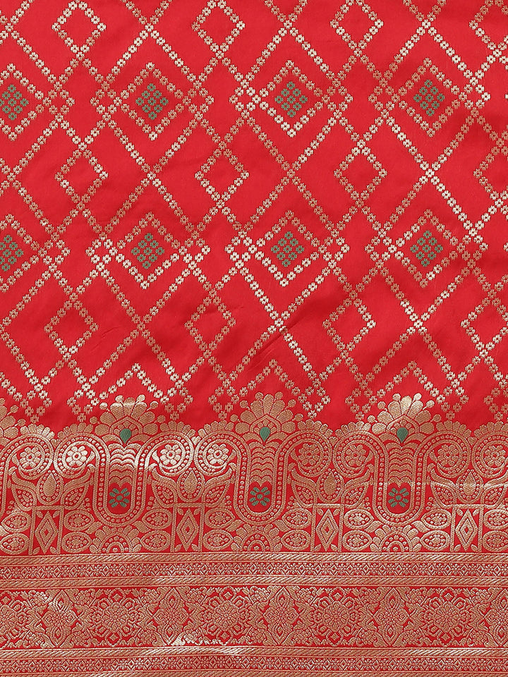 Red Ikat pattern Banarasi Saree with Resham & Zari Weaving