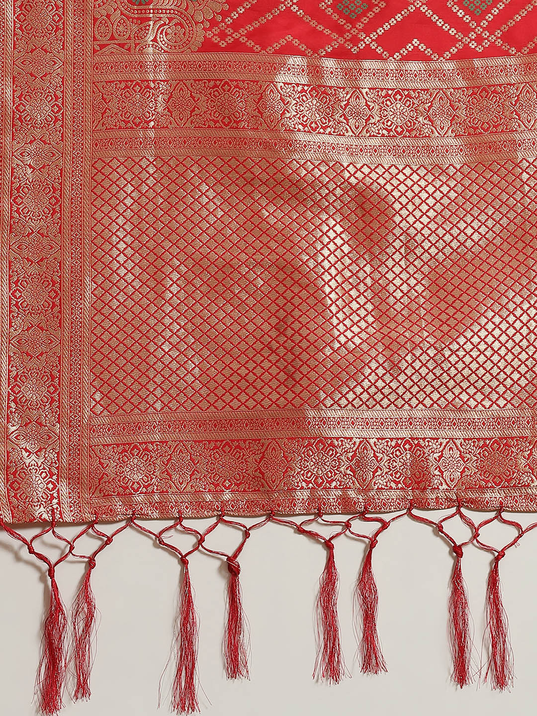 Red Ikat pattern Banarasi Saree with Resham & Zari Weaving