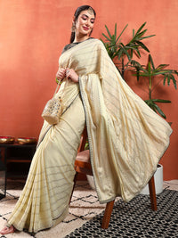 Chhabra 555 Crystal Swarovski Embellished Satin Georgette Cocktail Saree with Weaved Zari Stripes