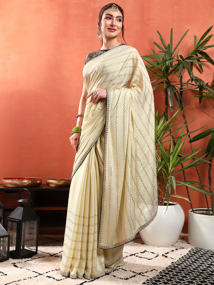 Crystal Swarovski Embellished Satin Georgette Cocktail Saree with Weaved Zari Stripes