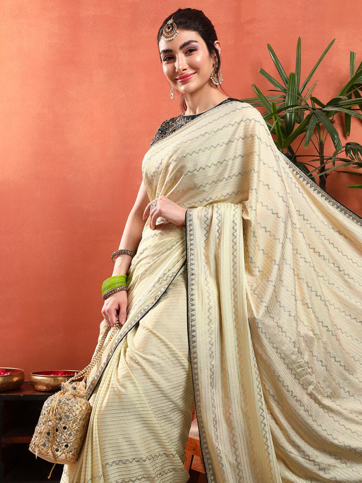 Crystal Swarovski Embellished Satin Georgette Cocktail Saree with Weaved Zari Stripes