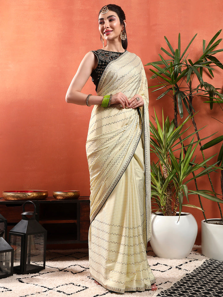Crystal Swarovski Embellished Satin Georgette Cocktail Saree with Weaved Zari Stripes