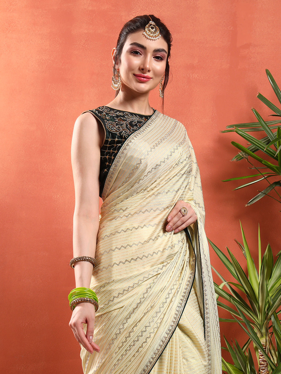 Crystal Swarovski Embellished Satin Georgette Cocktail Saree with Weaved Zari Stripes