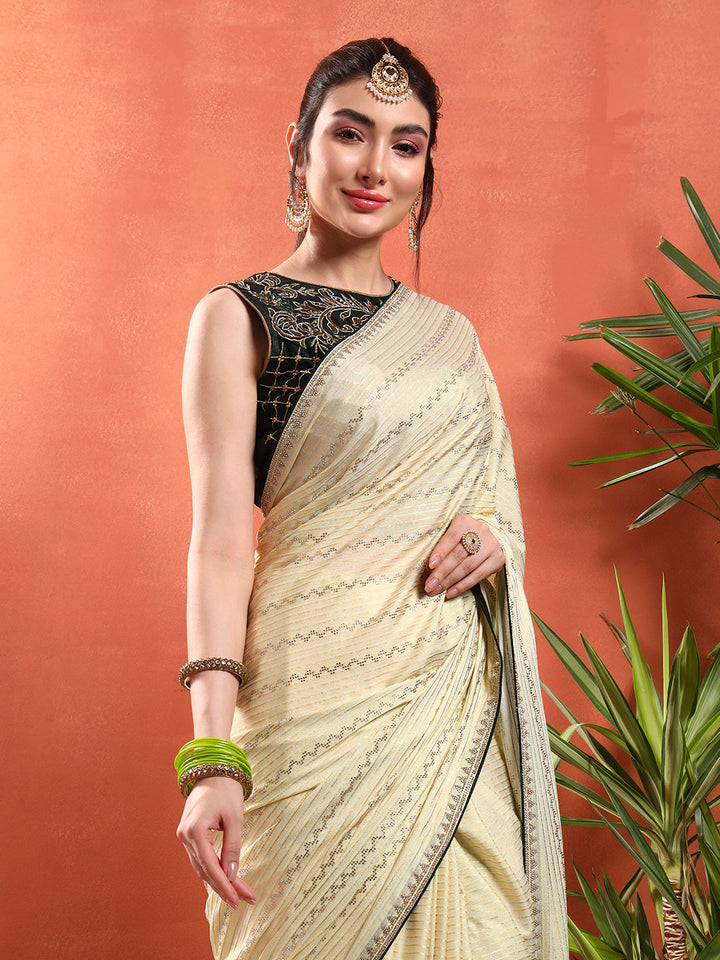 Crystal Swarovski Embellished Satin Georgette Cocktail Saree with Weaved Zari Stripes