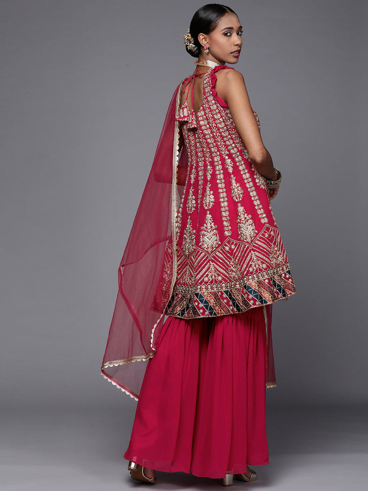 Fuchsia Resham Embroidery Peplum Layered Sharara Set
