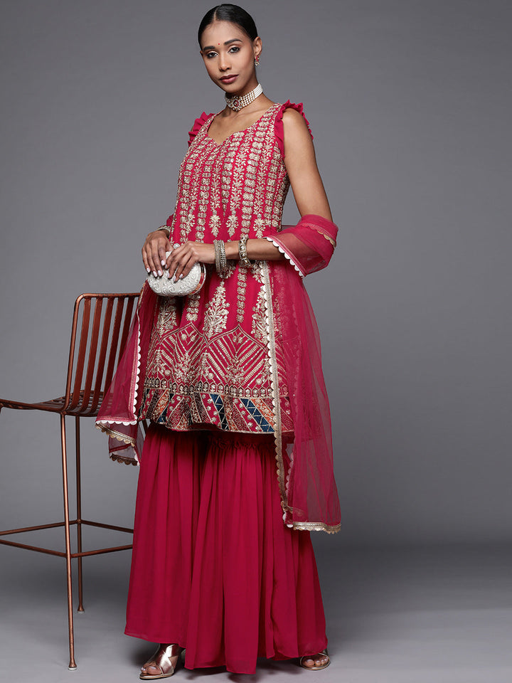 Fuchsia Resham Embroidery Peplum Layered Sharara Set