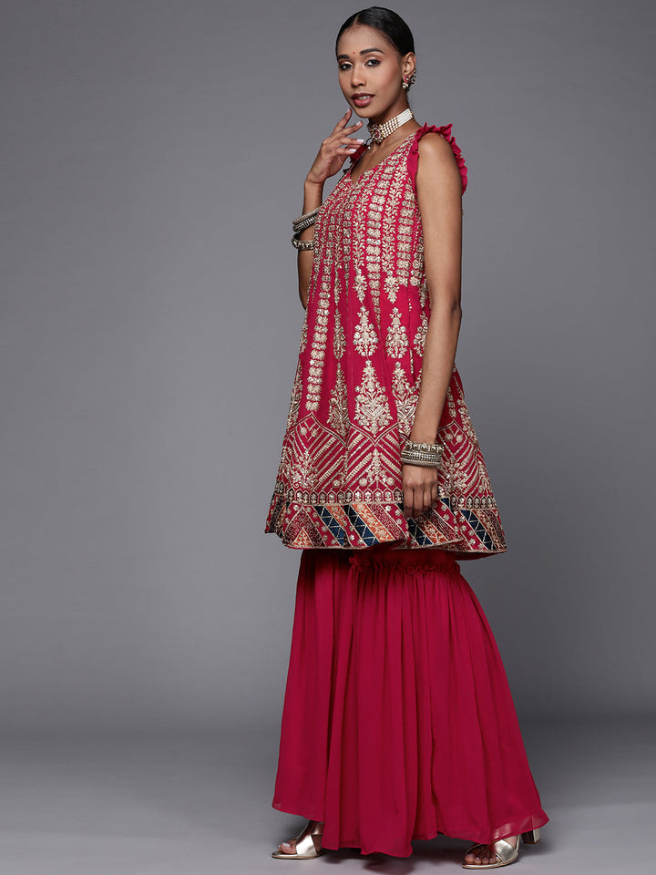 Fuchsia Resham Embroidery Peplum Layered Sharara Set