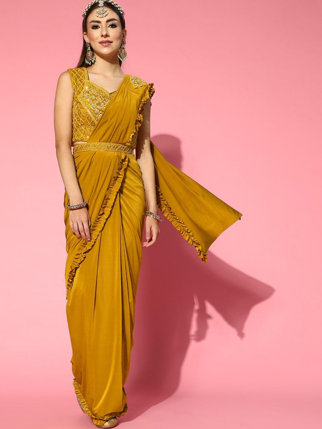 Mustard Pre-Draped Ruffled Belted Saree with Pearl Embellishments