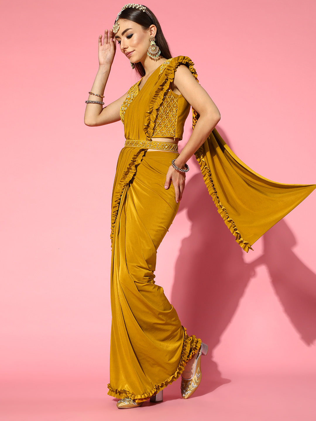 Mustard Pre-Draped Ruffled Belted Saree with Pearl Embellishments