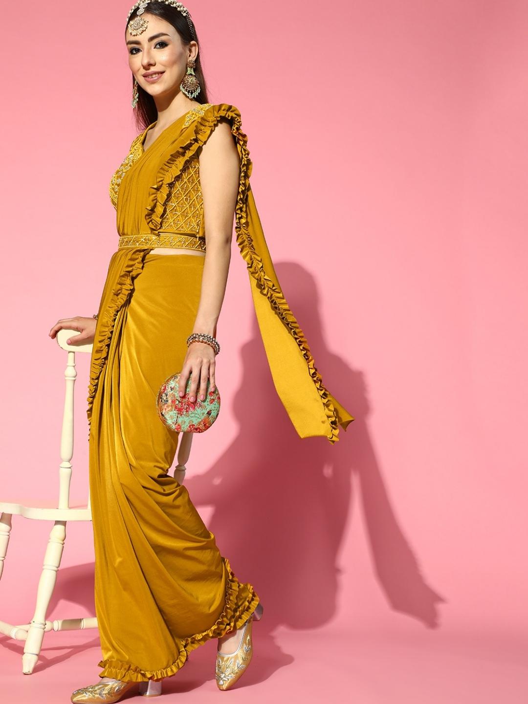Mustard Pre-Draped Ruffled Belted Saree with Pearl Embellishments