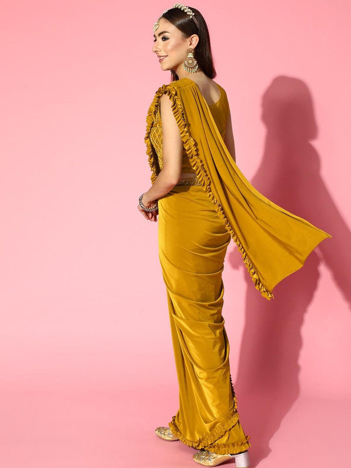 Mustard Pre-Draped Ruffled Belted Saree with Pearl Embellishments