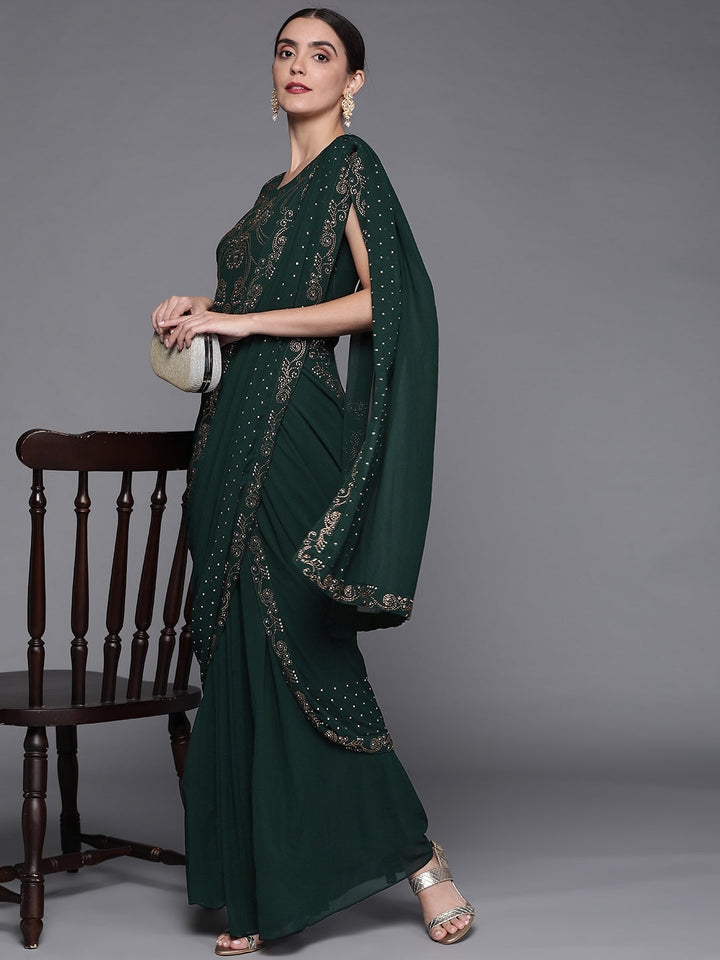 Embellished Bottle Green Georgette Pre-Draped Saree Gown With Attached Dupatta