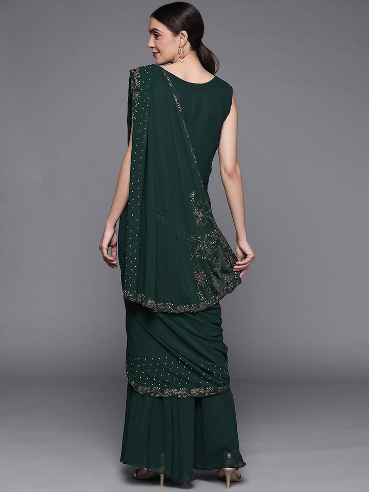 Embellished Bottle Green Georgette Pre-Draped Saree Gown With Attached Dupatta