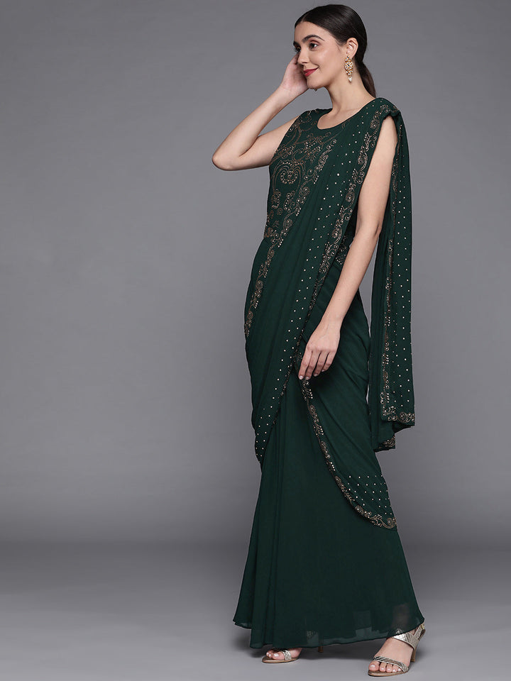 Embellished Bottle Green Georgette Pre-Draped Saree Gown With Attached Dupatta