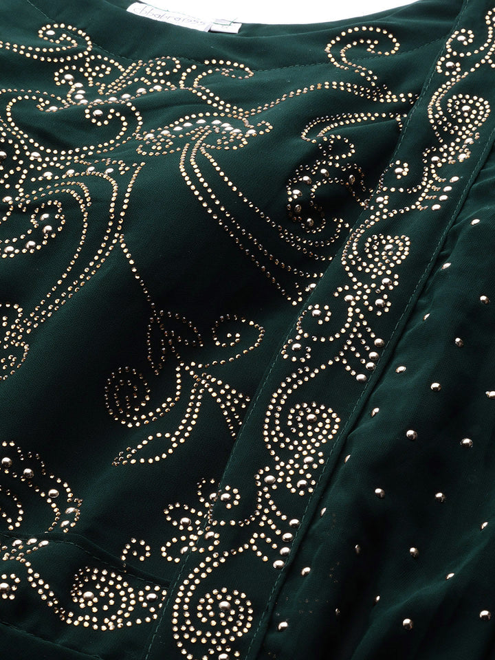 Embellished Bottle Green Georgette Pre-Draped Saree Gown With Attached Dupatta