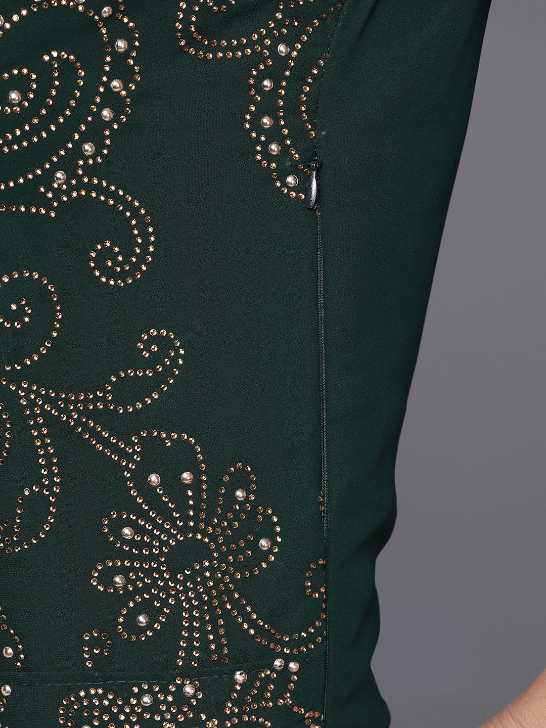 Embellished Bottle Green Georgette Pre-Draped Saree Gown With Attached Dupatta