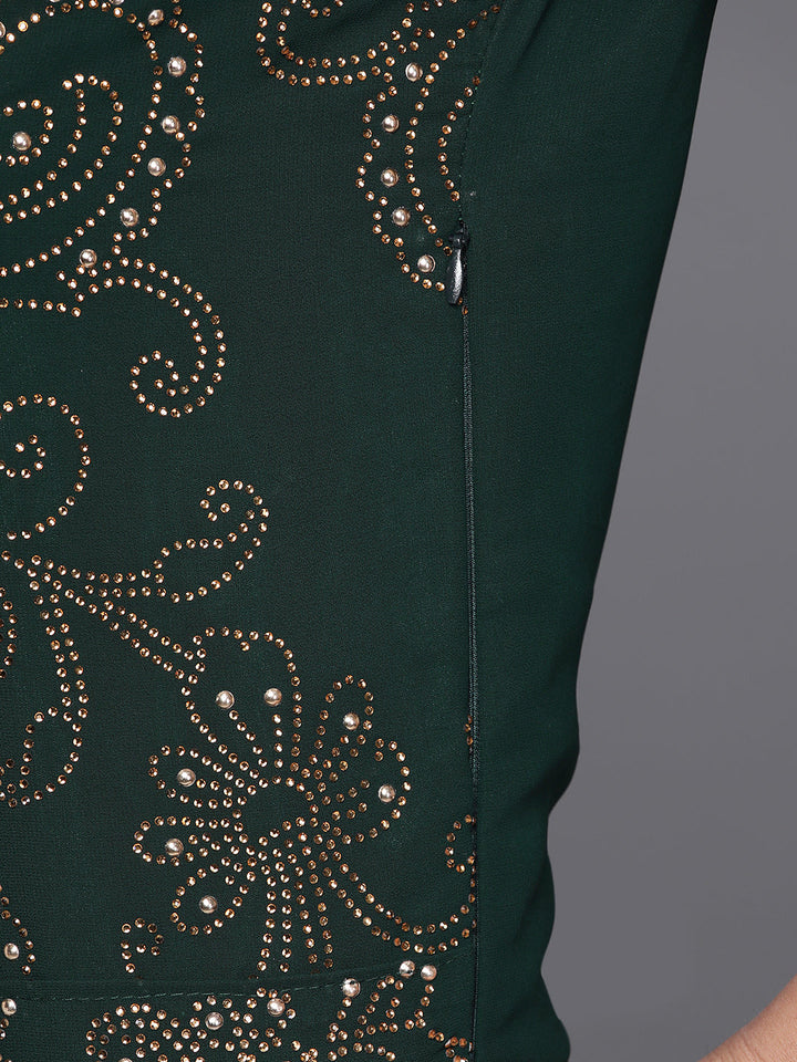 Embellished Bottle Green Georgette Pre-Draped Saree Gown With Attached Dupatta