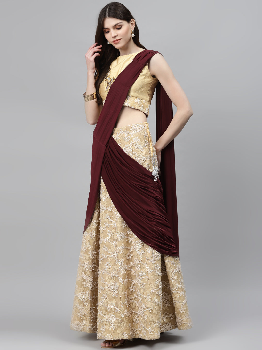 Ribbon & Pearl Embroidery Lehenga Set with Crystals Embellishments & PreDraped Dupatta