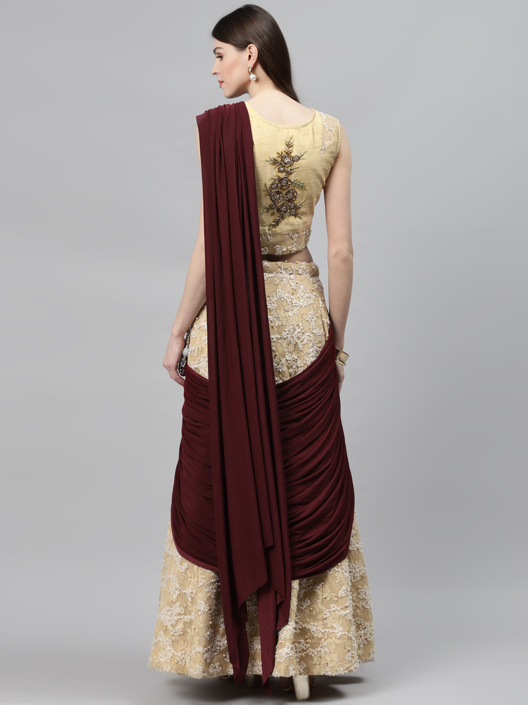 Ribbon & Pearl Embroidery Lehenga Set with Crystals Embellishments & PreDraped Dupatta