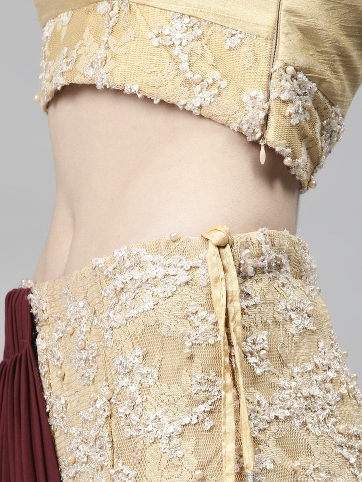 Ribbon & Pearl Embroidery Lehenga Set with Crystals Embellishments & PreDraped Dupatta