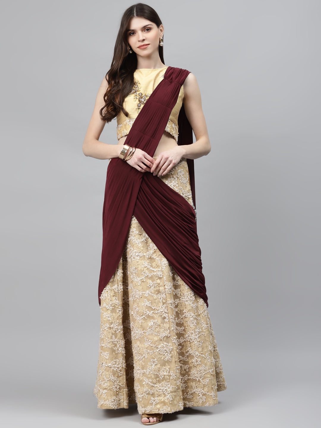 Ribbon & Pearl Embroidery Lehenga Set with Crystals Embellishments & PreDraped Dupatta