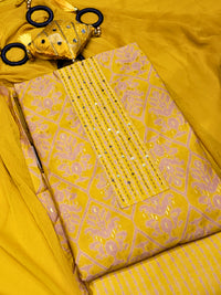 Chhabra 555 Ikat Animal Print Dress Material with Sequin Embelished Neckline & Flowy Chiffon Dupatta