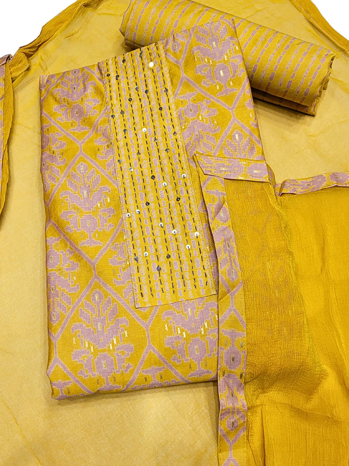 Ikat Animal Print Dress Material with Sequin Embelished Neckline & Flowy Chiffon Dupatta