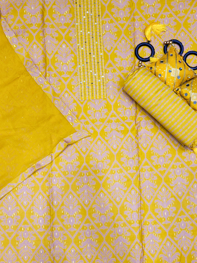 Ikat Animal Print Dress Material with Sequin Embelished Neckline & Flowy Chiffon Dupatta