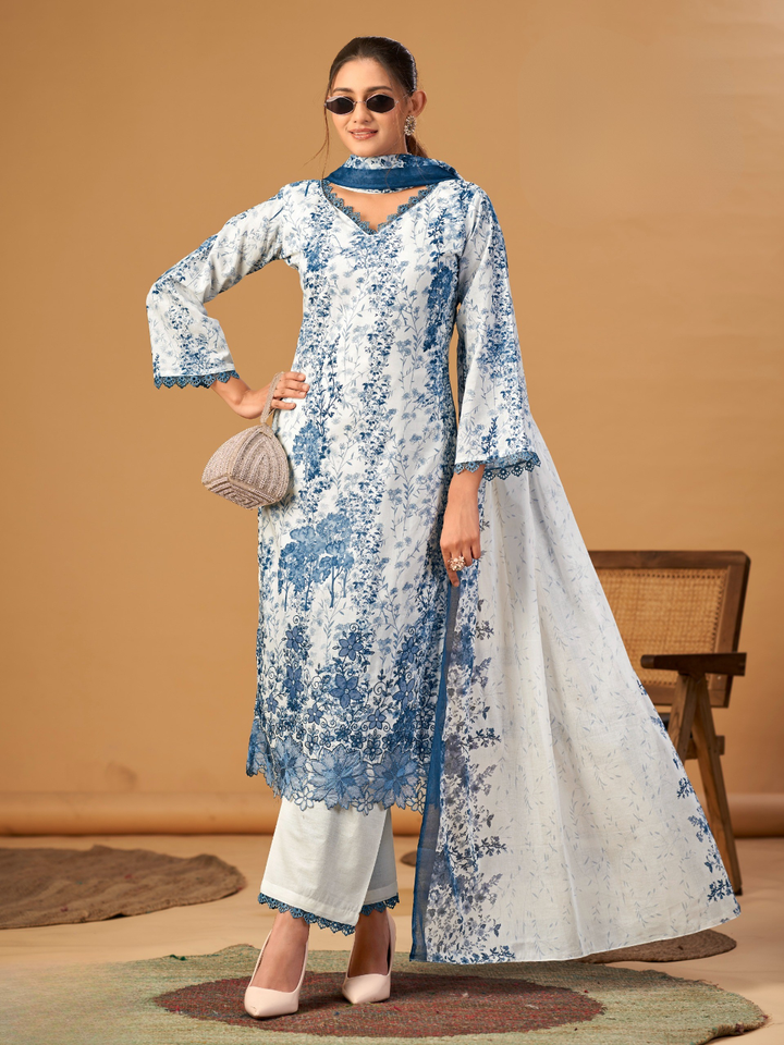 Cotton Floral Printed & Embroidered Unstitched Suit Dupatta in White & Steel Blue