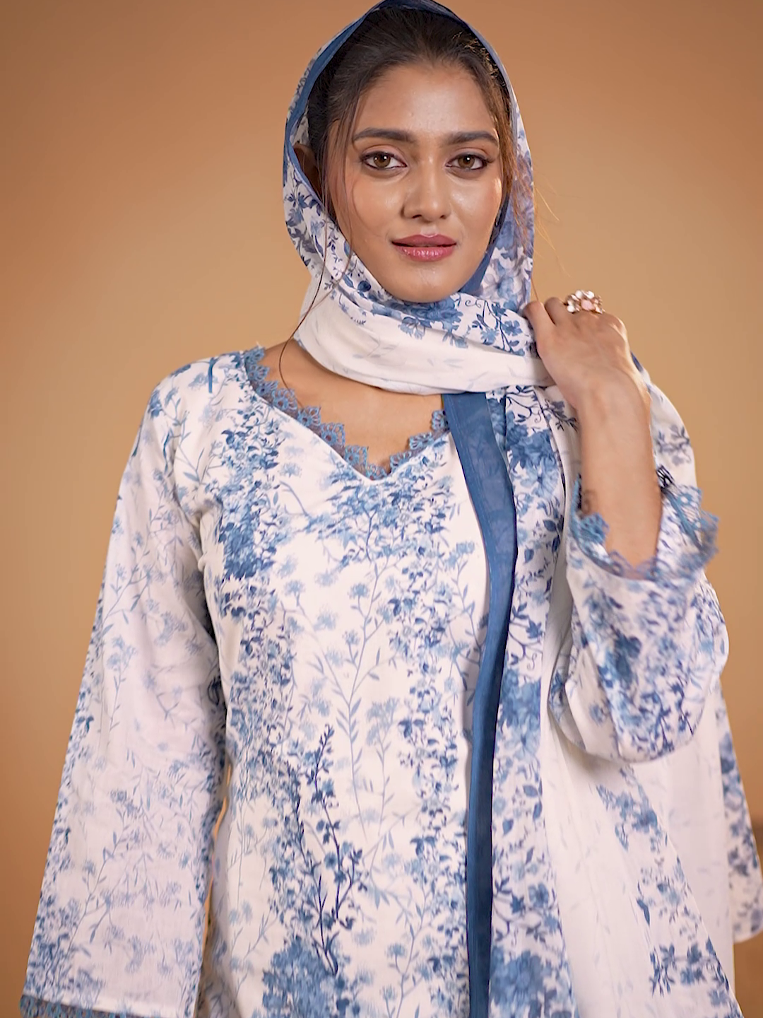 Cotton Floral Printed & Embroidered Unstitched Suit Dupatta in White & Steel Blue