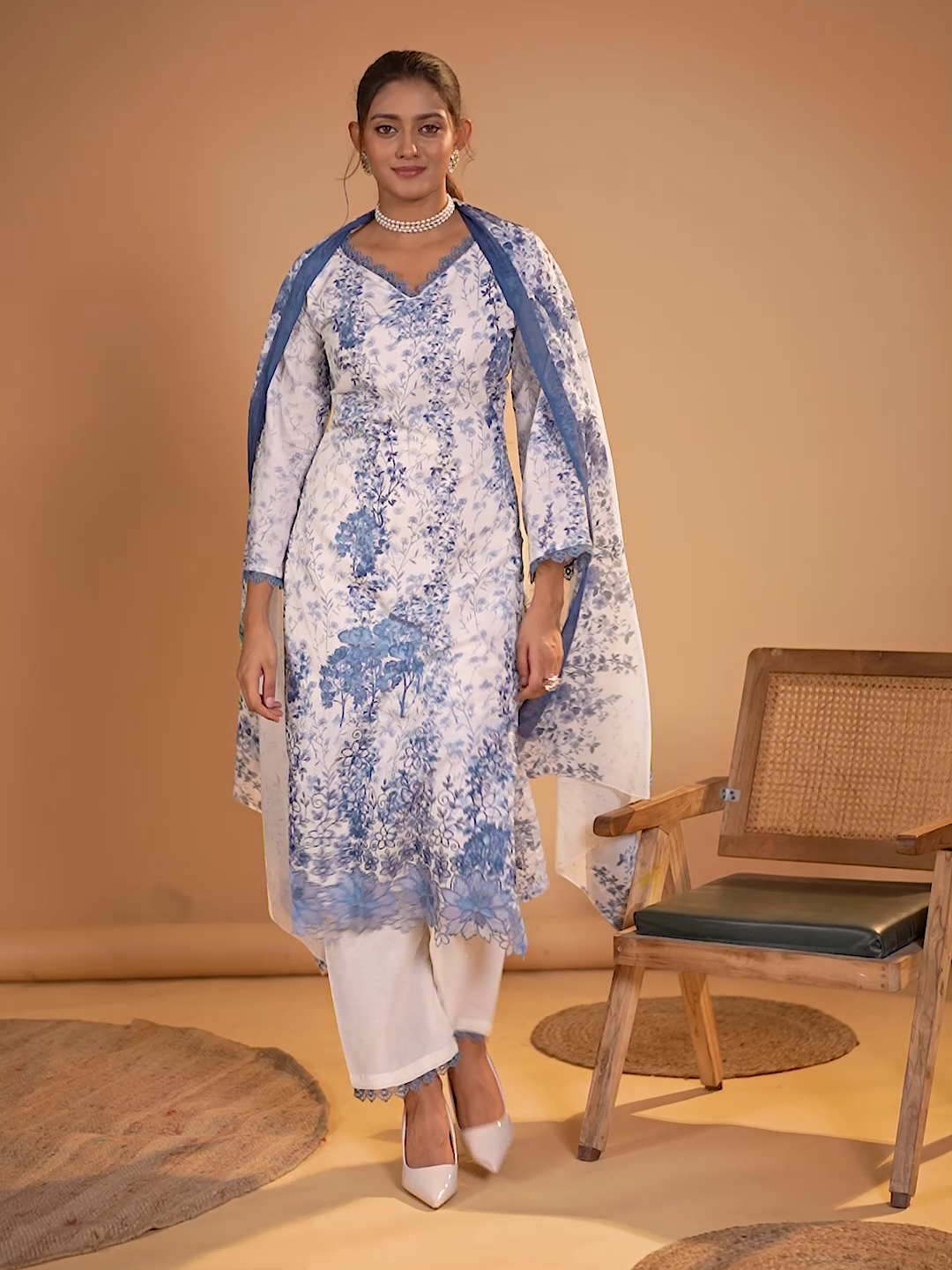 Cotton Floral Printed & Embroidered Unstitched Suit Dupatta in White & Steel Blue