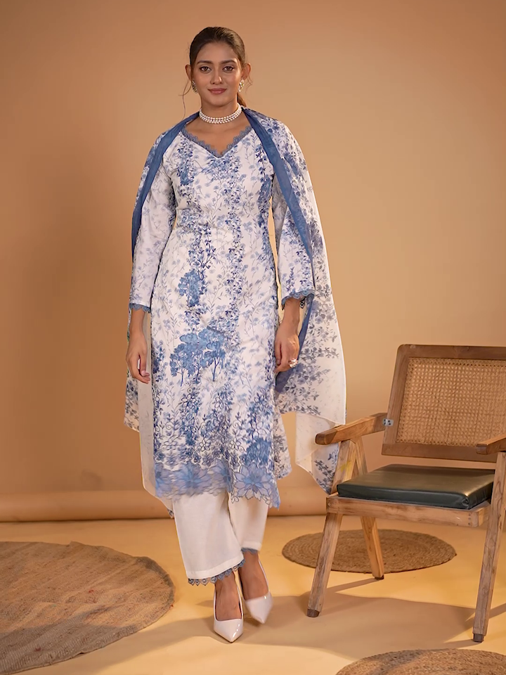 Cotton Floral Printed & Embroidered Unstitched Suit Dupatta in White & Steel Blue