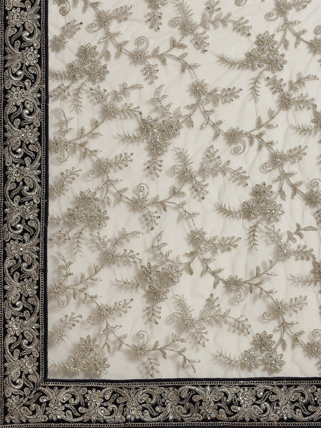 Chandni Grey Net Saree Embellished with Silver Zari and Crystals and Navy Velvet Border