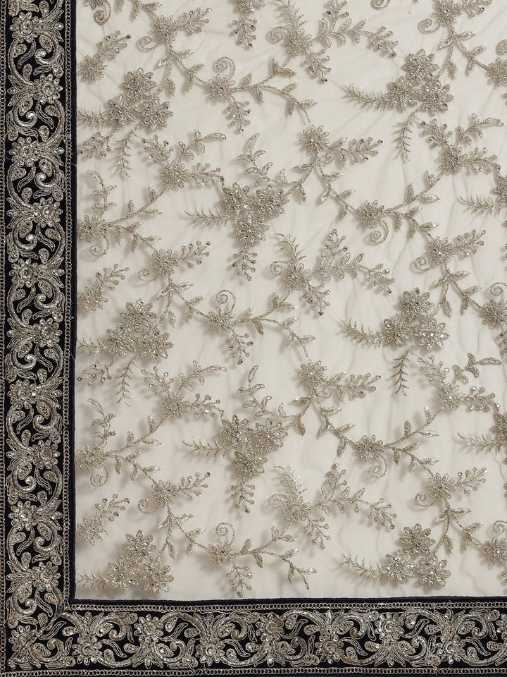 Chandni Grey Net Saree Embellished with Silver Zari and Crystals and Navy Velvet Border