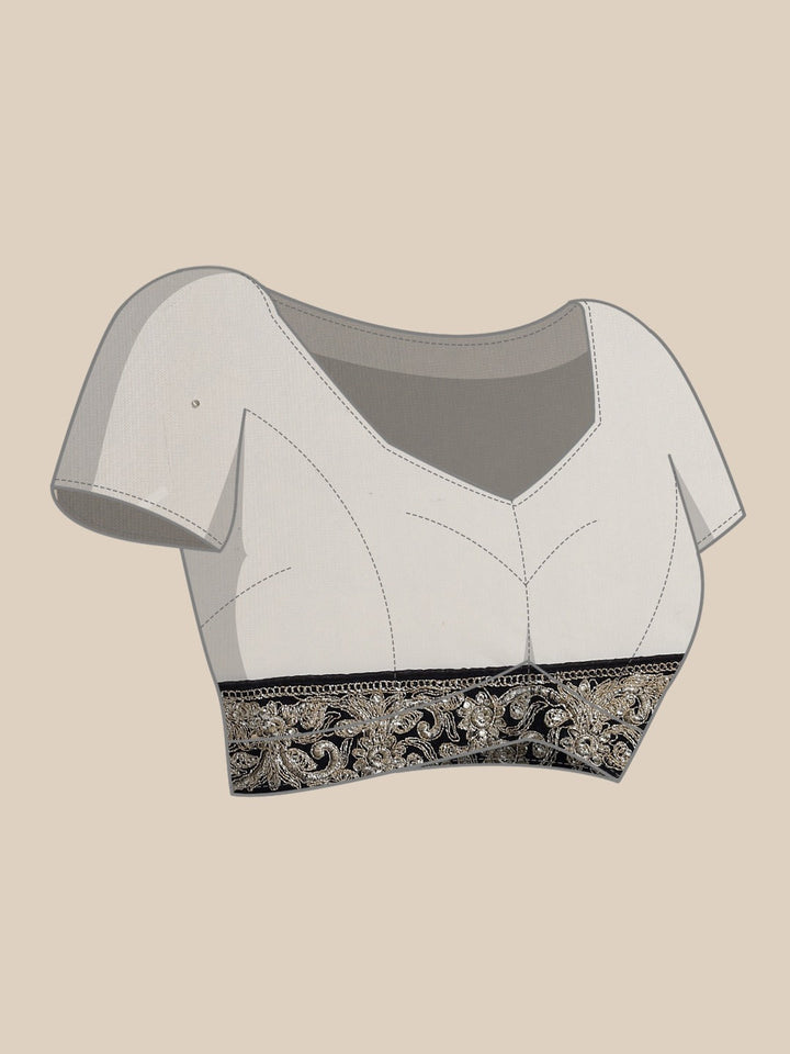 Chandni Grey Net Saree Embellished with Silver Zari and Crystals and Navy Velvet Border