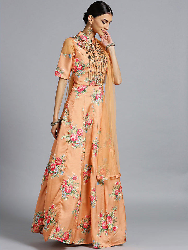 Floral Print Gown with Embellished Neckline