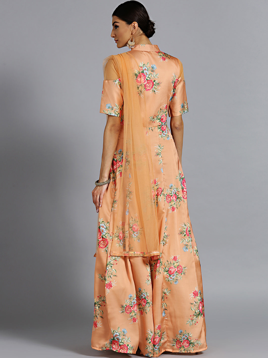 Floral Print Gown with Embellished Neckline